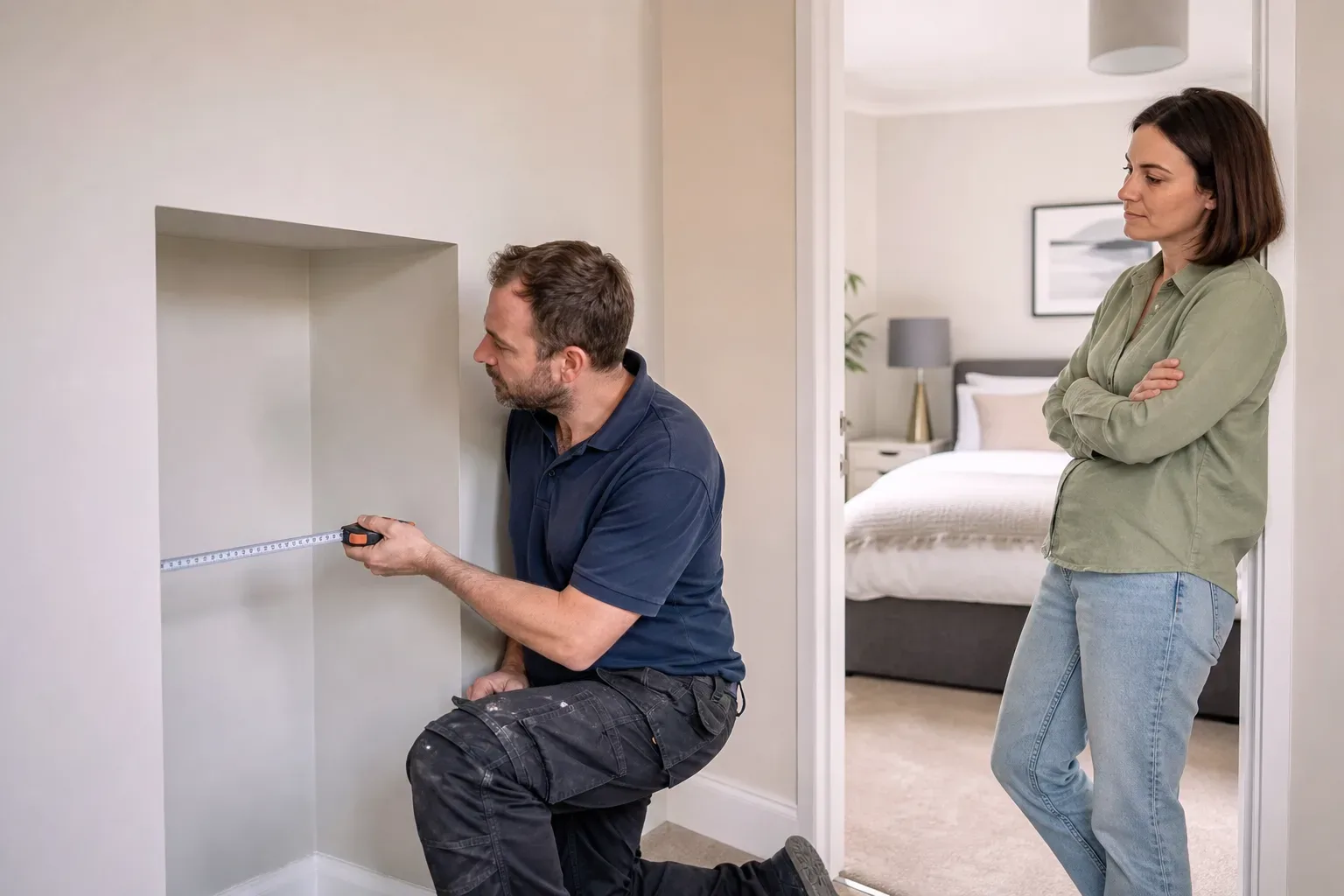 A tradesperson crouches to measure an alcove with a tape measure whilst a homeowner watches from a doorway, with a neatly styled bedroom visible behind