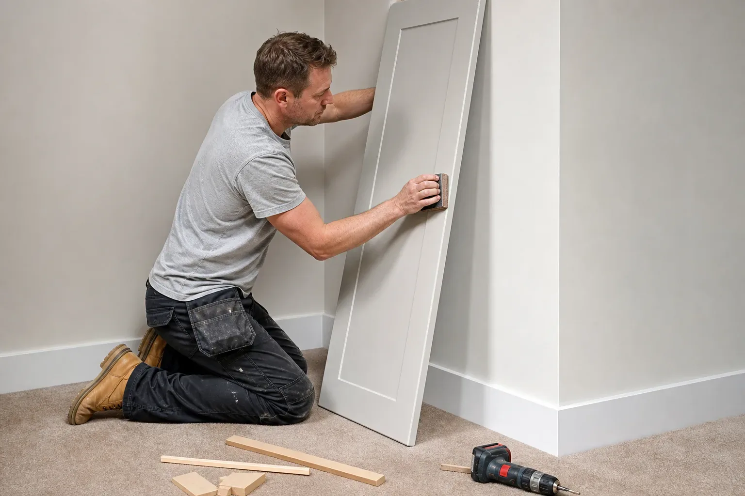 A person kneels on carpeted floor sanding a white door panel leaning against a wall, with timber offcuts and a cordless drill nearby