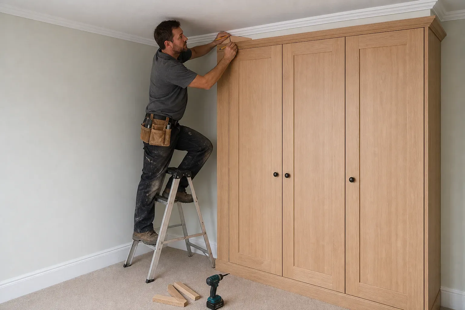 A carpenter stands on a stepladder to mark or fit the top of a large wooden wardrobe unit against a wall in a domestic bedroom, with a cordless drill and timber offcuts on the carpet below