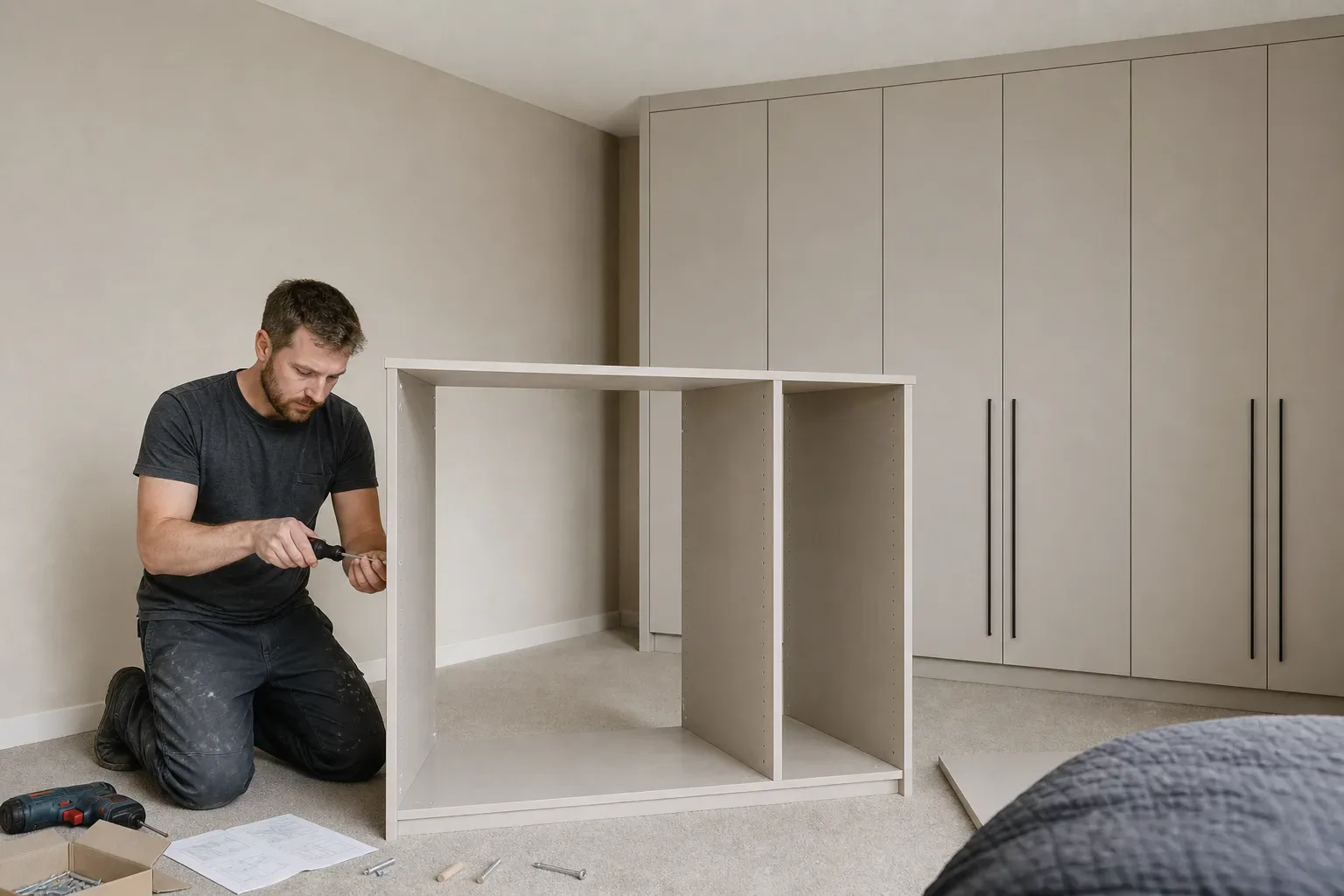A person kneels on carpeted floor assembling a shelving unit with a screwdriver, with fitted wardrobe units visible in the background