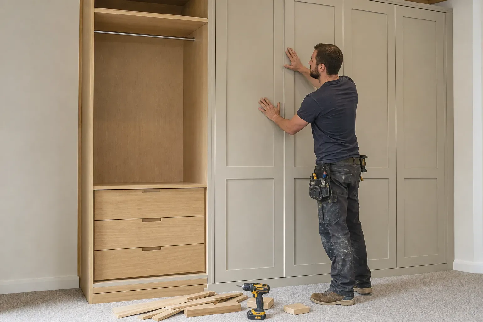 A carpenter pressing a fully routed shaker door panel into position on a bespoke floor-to-ceiling wardrobe carcass while timber offcuts and a cordless drill rest on the carpet below