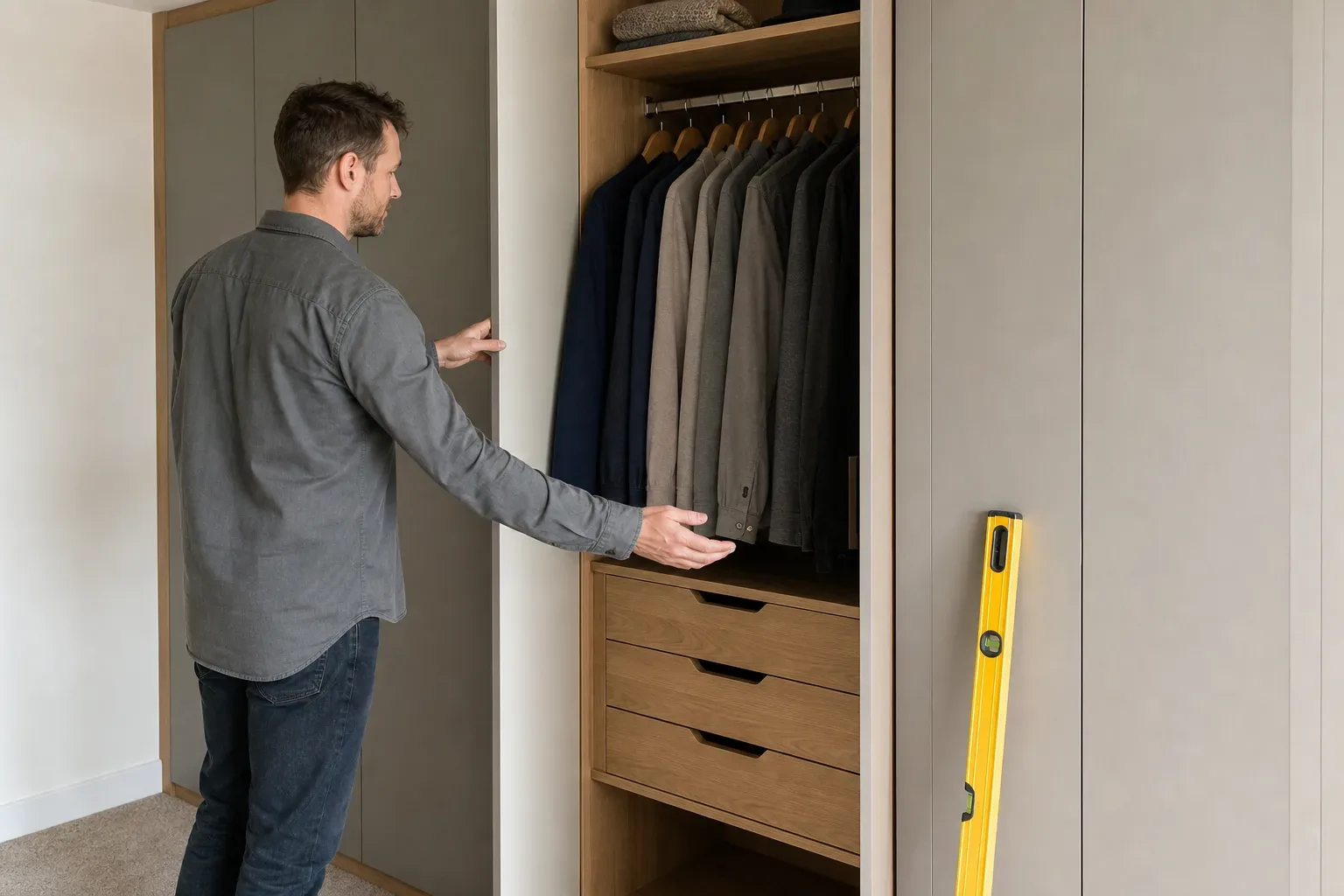 A person opens the door of a fitted wardrobe unit containing hanging jackets and wooden drawers, with a spirit level resting against the adjacent panel