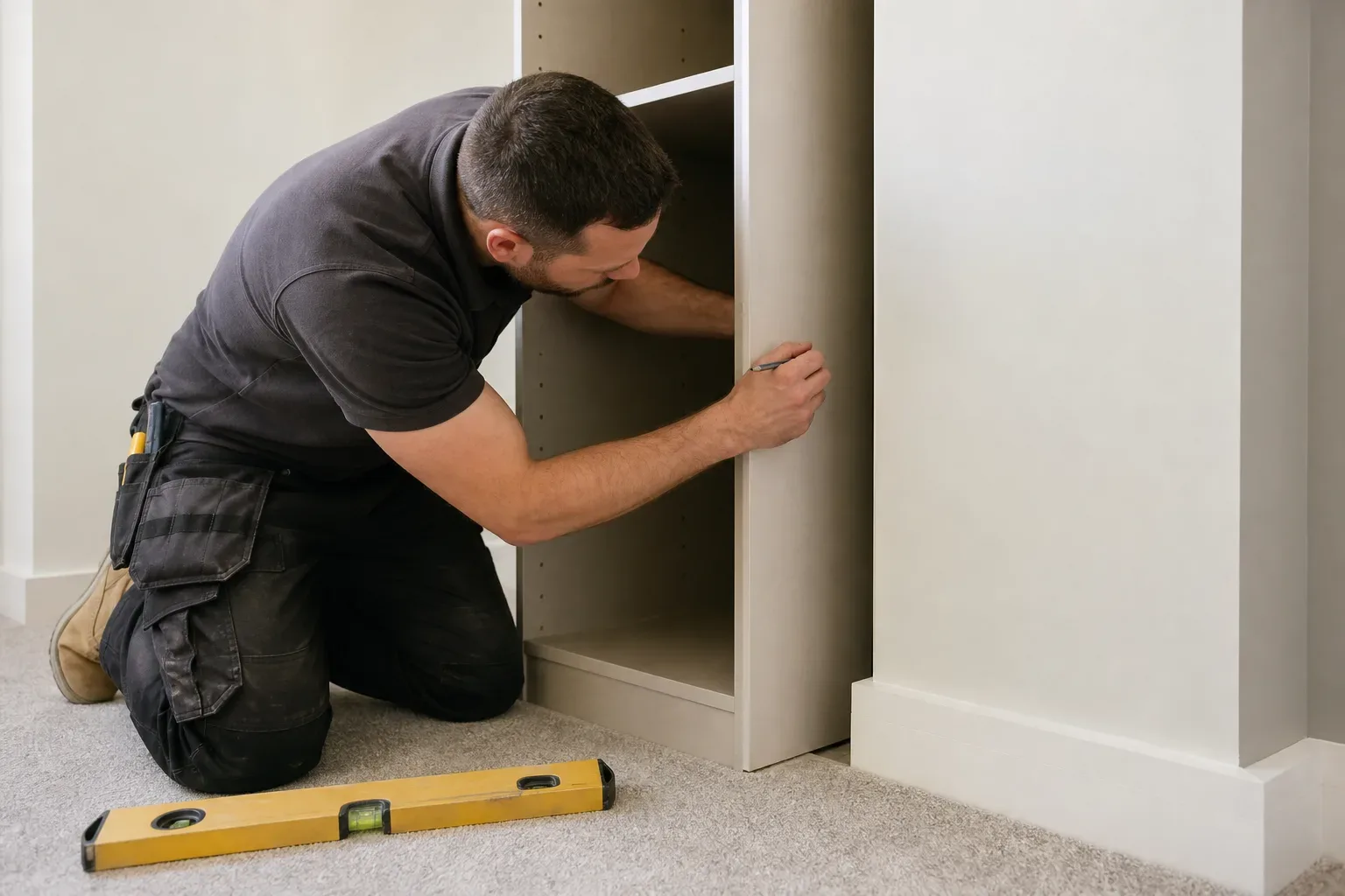 A tradesperson kneels on carpeted floor to fit a panel into a built-in shelving unit, with a spirit level resting nearby