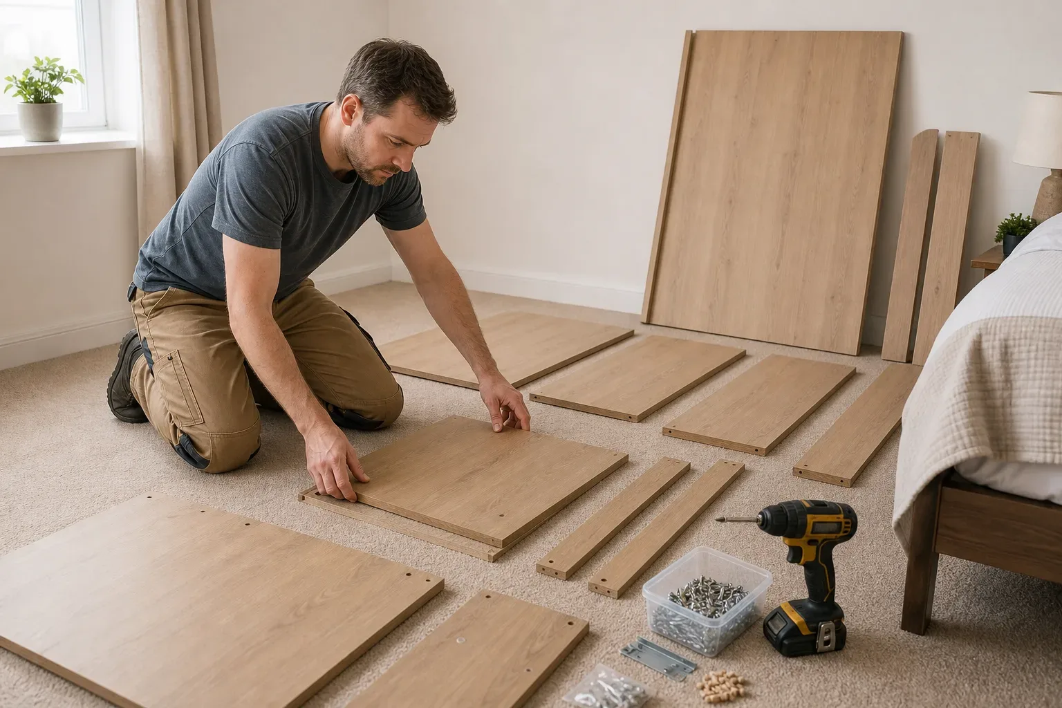 A person kneels on a carpeted bedroom floor arranging wooden flat-pack panels, with a cordless drill and screws nearby and larger boards leaning against the wall