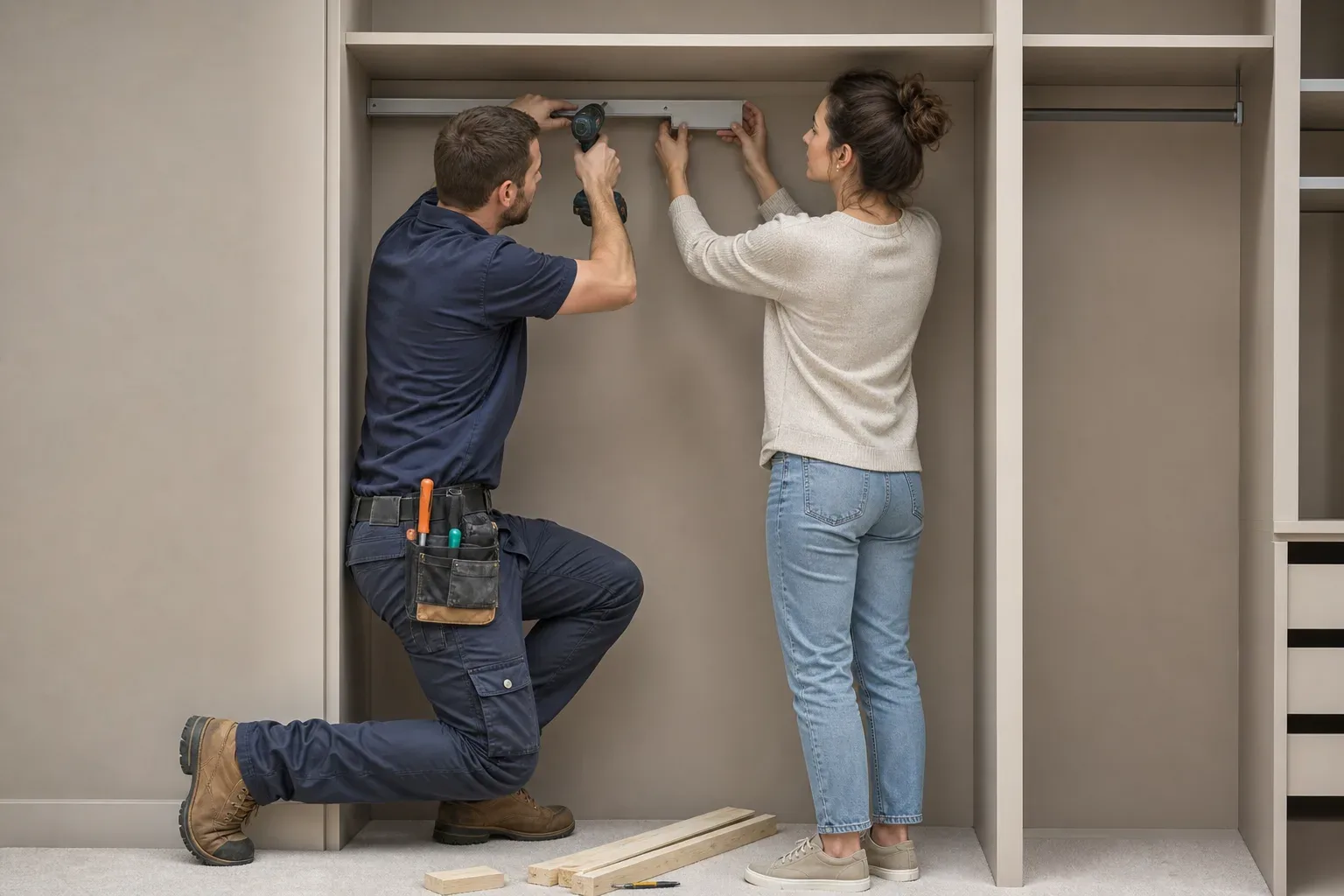 Two people fitting a metal rail inside a built-in wardrobe unit, one kneeling with a cordless drill and wearing a tool belt, the other holding the rail in position