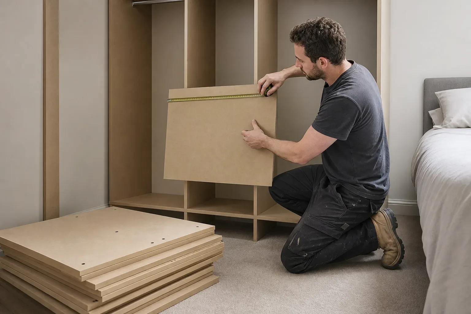 A person kneels on carpeted floor measuring a flat panel with a tape measure while fitting shelving into a built-in wardrobe unit in a bedroom