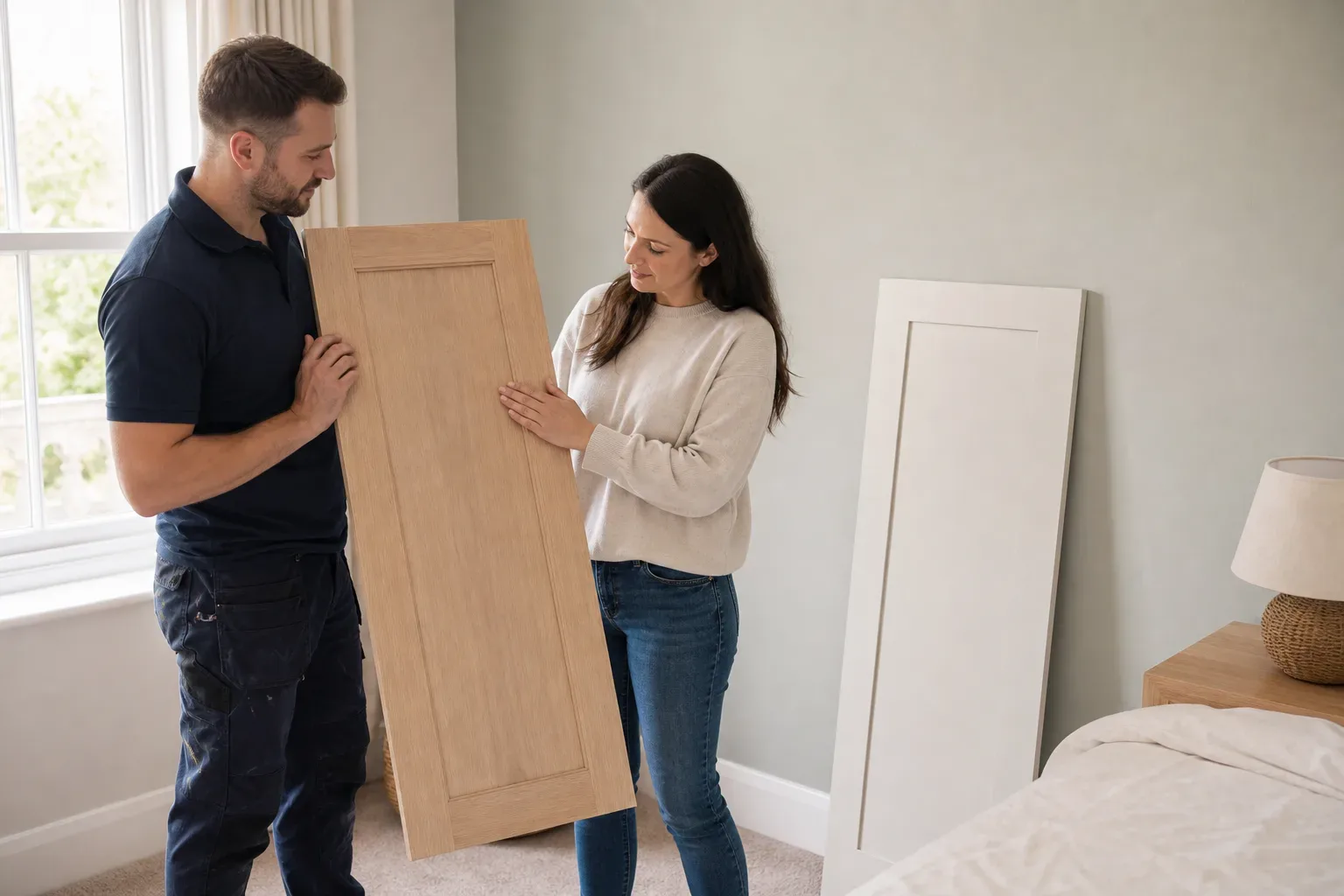 Two people examine a wooden interior door panel together in a bedroom, with a white door panel leaning against the wall behind them