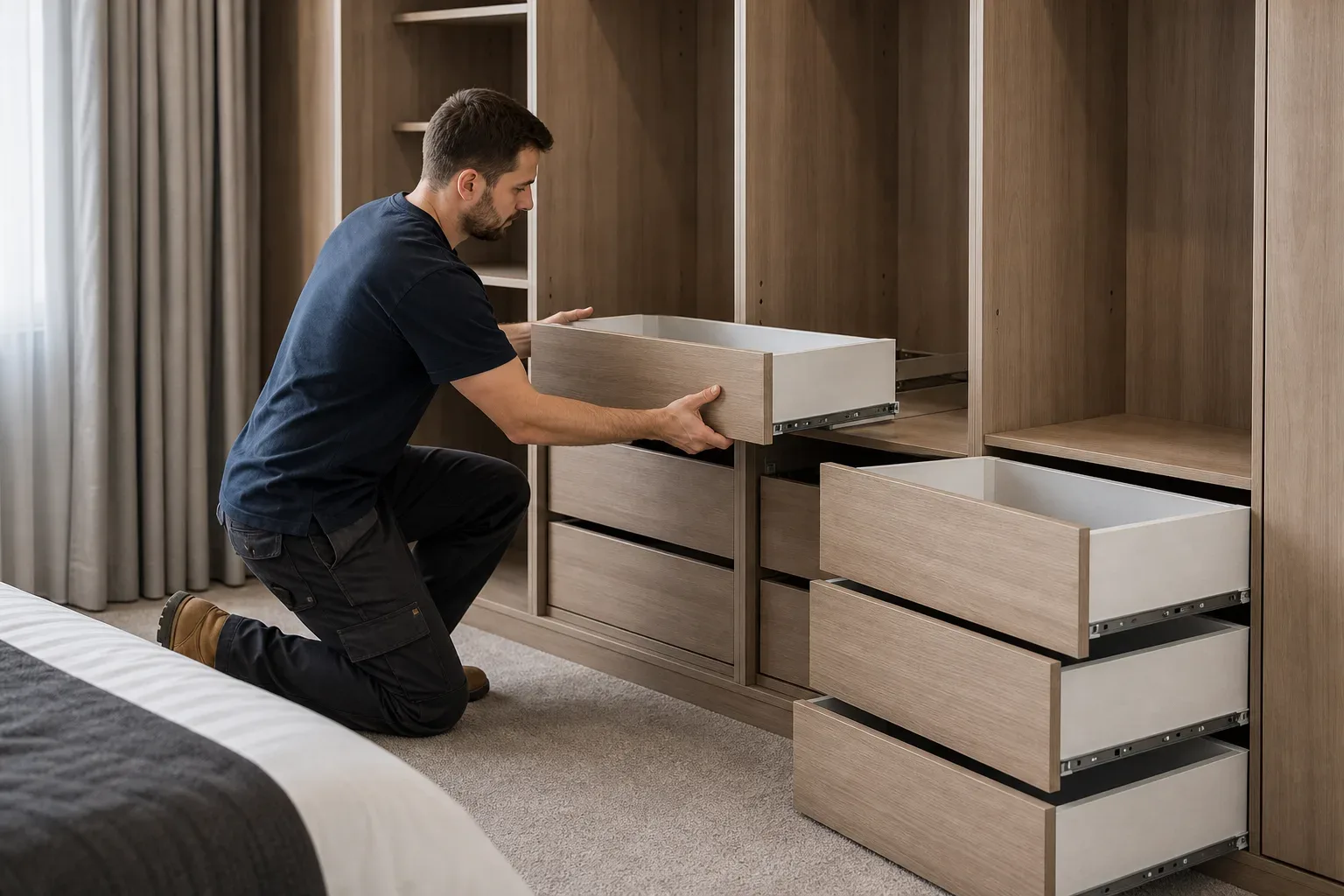 A person kneels on carpeted flooring to fit a drawer into a large open wardrobe unit in a bedroom
