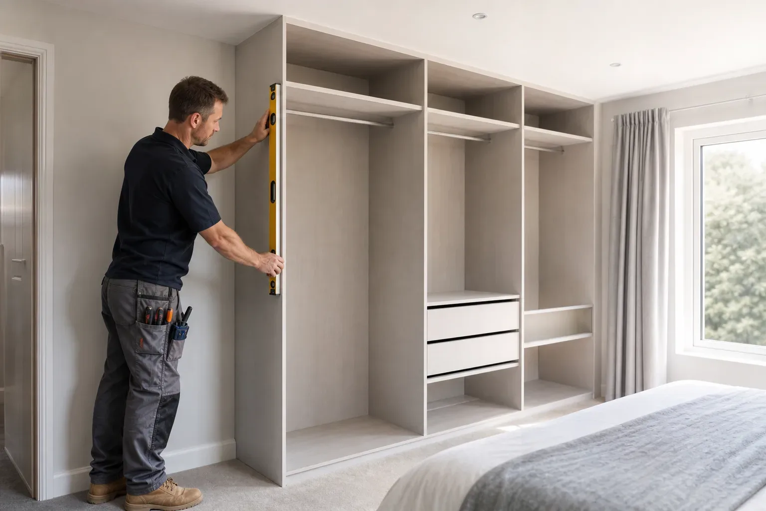 A tradesperson uses a spirit level against the side panel of a large fitted wardrobe unit being installed in a bedroom