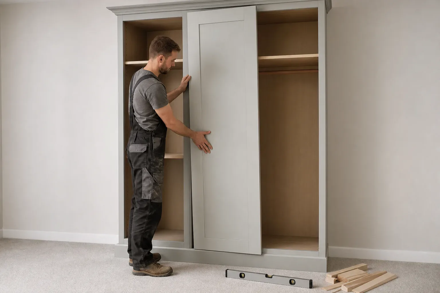 A carpenter positioning a painted shaker door against a tall alcove wardrobe frame while timber offcuts rest on the carpet beside a spirit level laid flat on the floor
