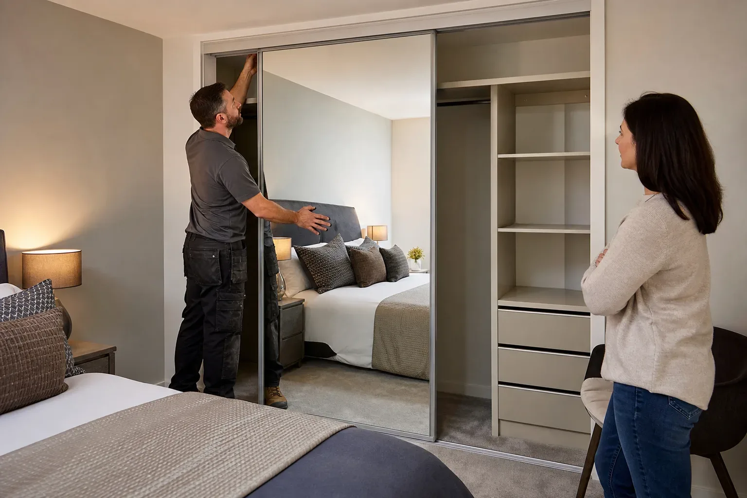 A tradesperson adjusts the top of a large mirrored sliding-door wardrobe whilst a homeowner stands nearby observing in a tidy bedroom