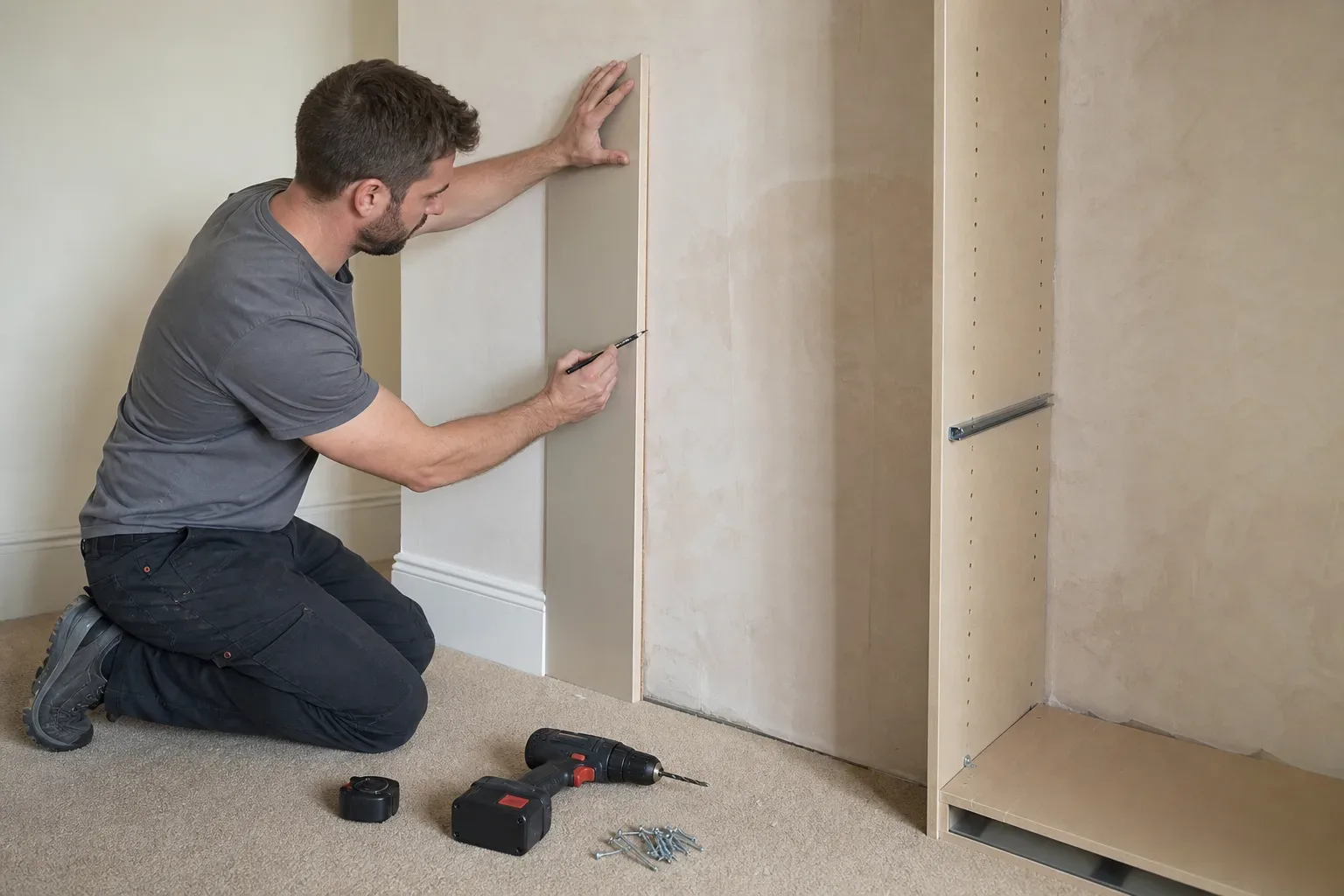 A person kneels on carpeted flooring to fix a panel to a wardrobe carcass using a screwdriver, with a cordless drill and screws resting nearby