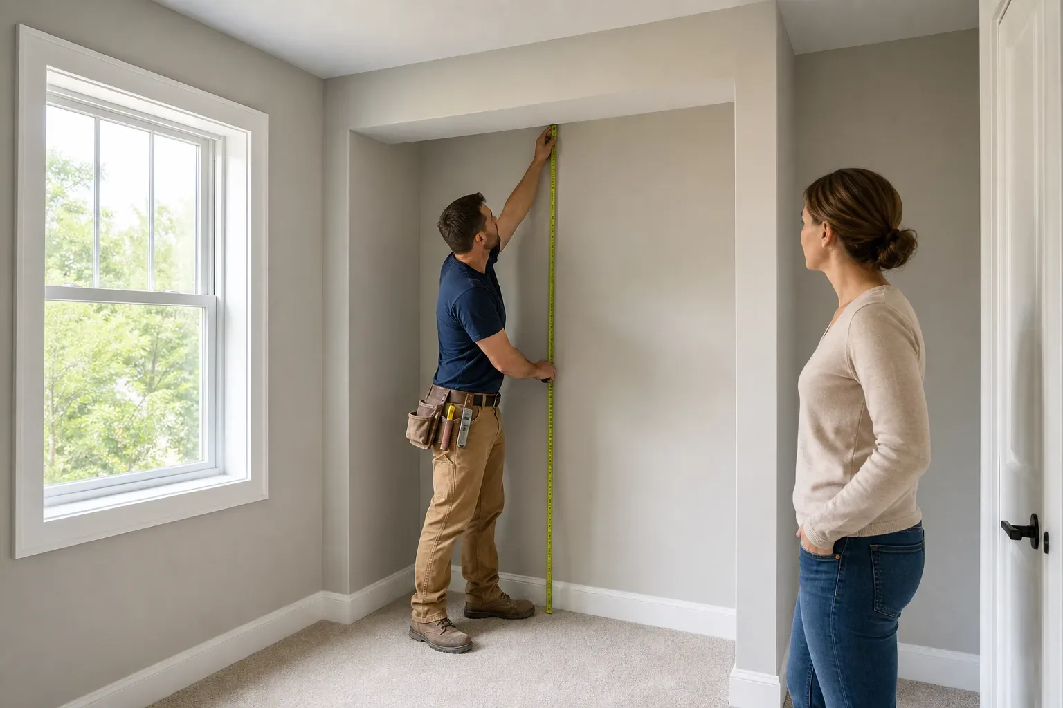 A tradesperson uses a tape measure to take a vertical measurement inside a bedroom alcove while another person stands nearby observing