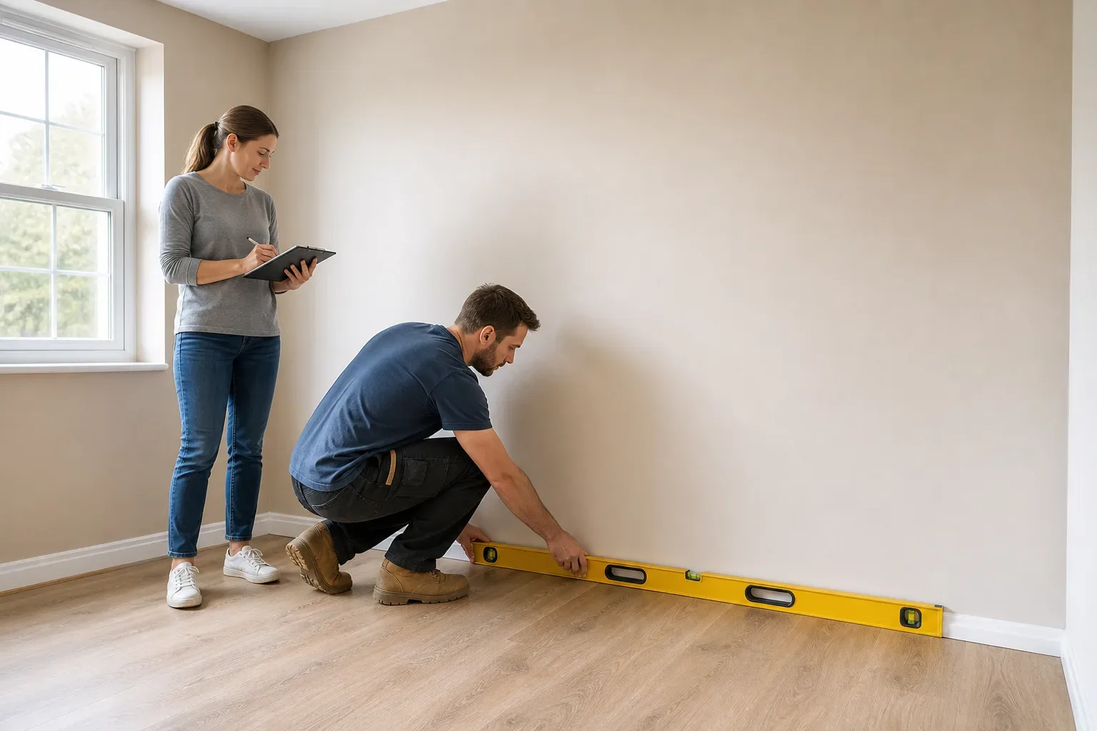 A tradesperson crouching to check the floor level across the width of a bare bedroom wall using a long spirit level while a homeowner stands beside the window noting the reading