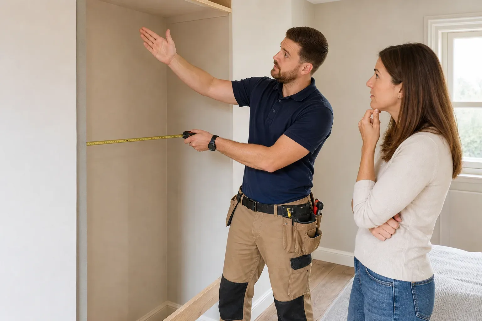 A carpenter measuring the depth of a chimney-breast alcove with a steel tape while indicating to a homeowner where the wardrobe carcass will sit and how it will bridge the chimney breast above