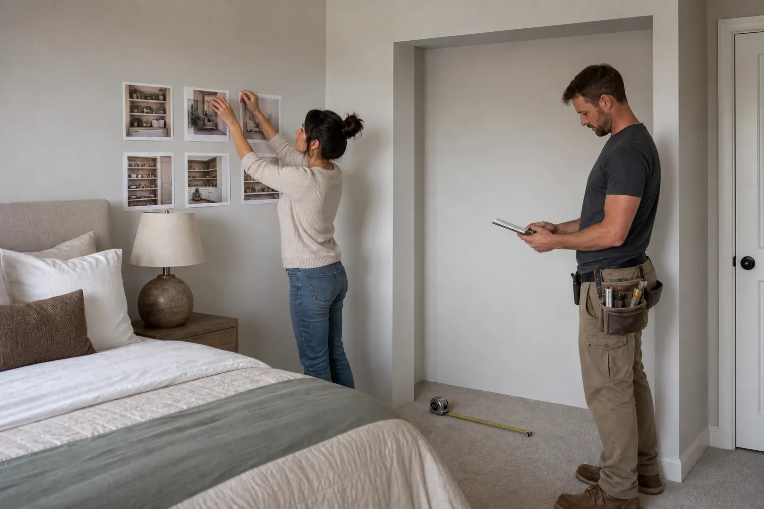 A homeowner pinning printed inspiration images to the bedroom wall beside a bare alcove while the carpenter stands nearby reviewing a measuring notebook and a steel tape rests on the carpet