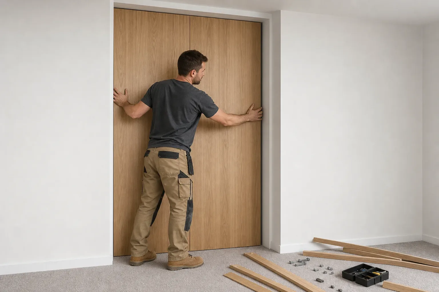 A tradesperson in work trousers and boots presses a large wooden panel into a doorway alcove, with timber offcuts and fixings on the carpeted floor nearby