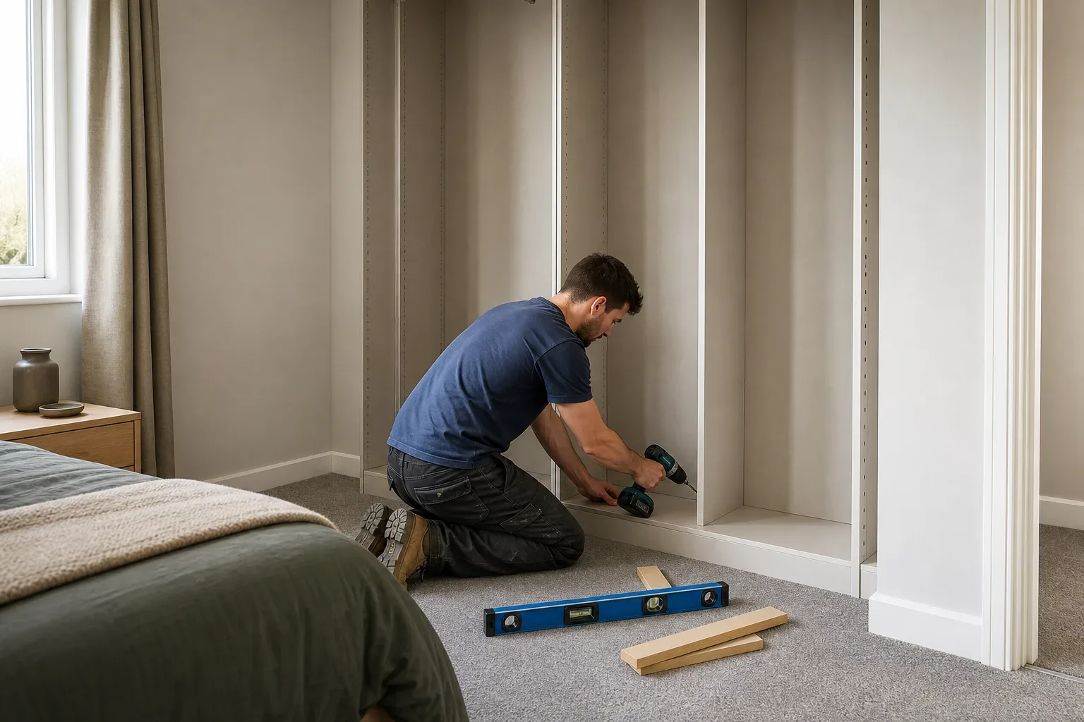 A person kneels on carpeted bedroom floor using a cordless drill to fit the base of a built-in wardrobe carcass, with a spirit level and timber offcuts resting nearby