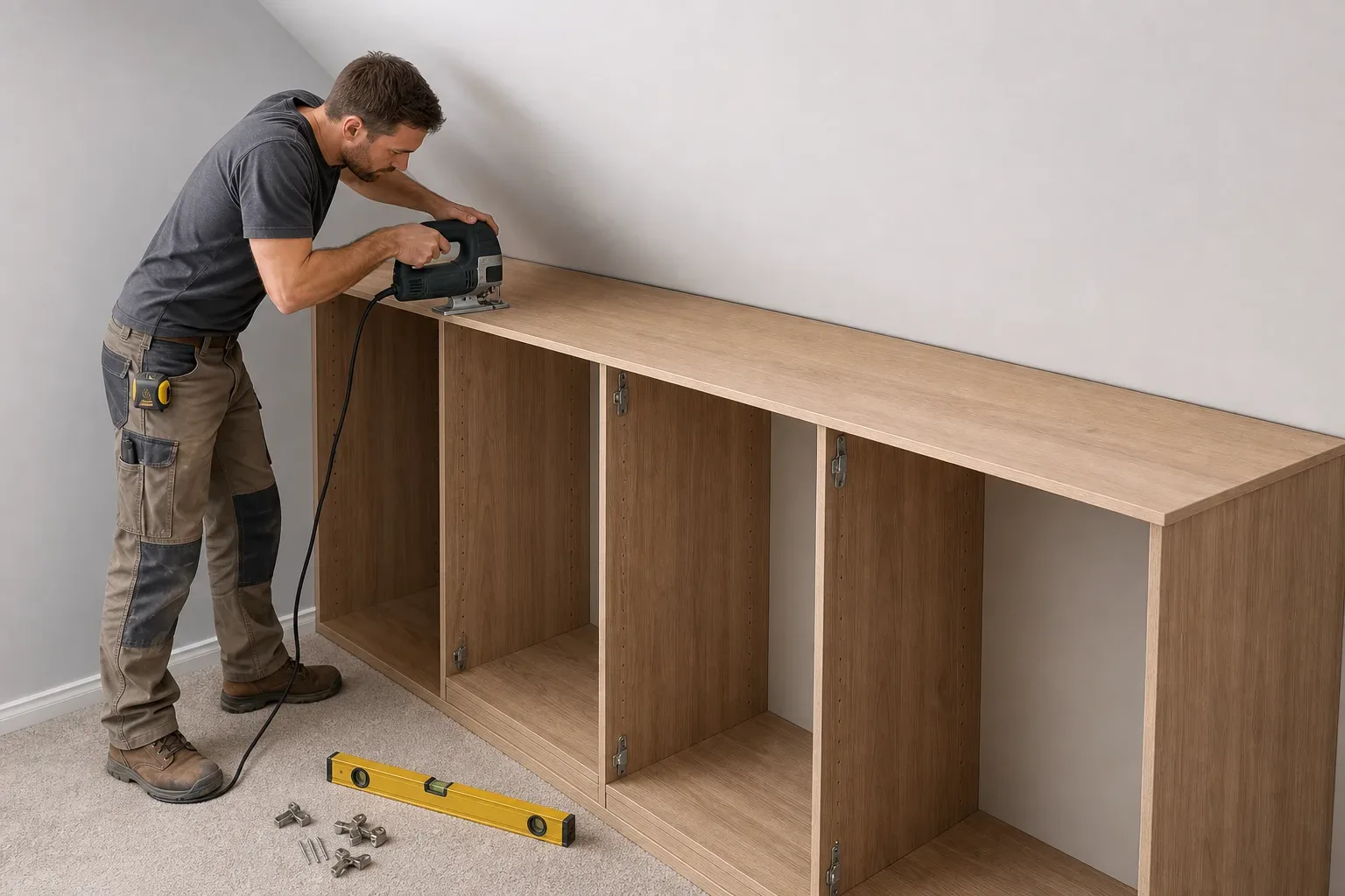 A worker uses a power jigsaw to cut into the top of a wooden cabinet unit being fitted against a wall, with a spirit level and fixings on the carpeted floor nearby