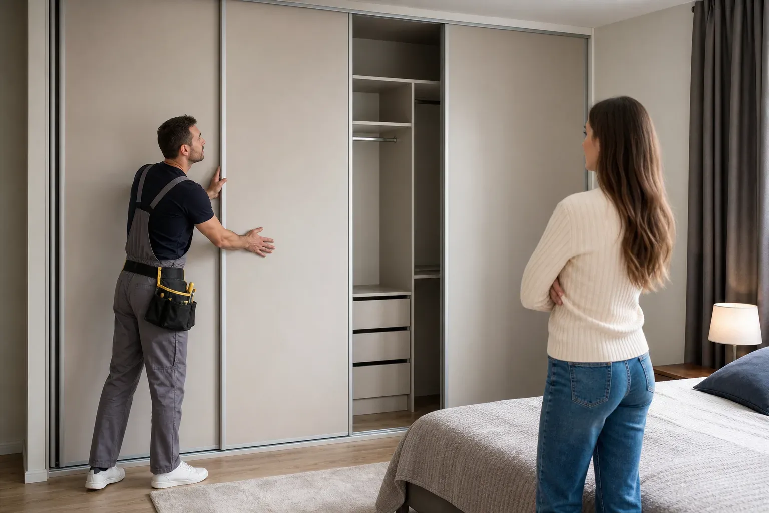 A tradesperson in work overalls adjusts a sliding door on a large fitted wardrobe while another person stands nearby observing, in a tidy bedroom