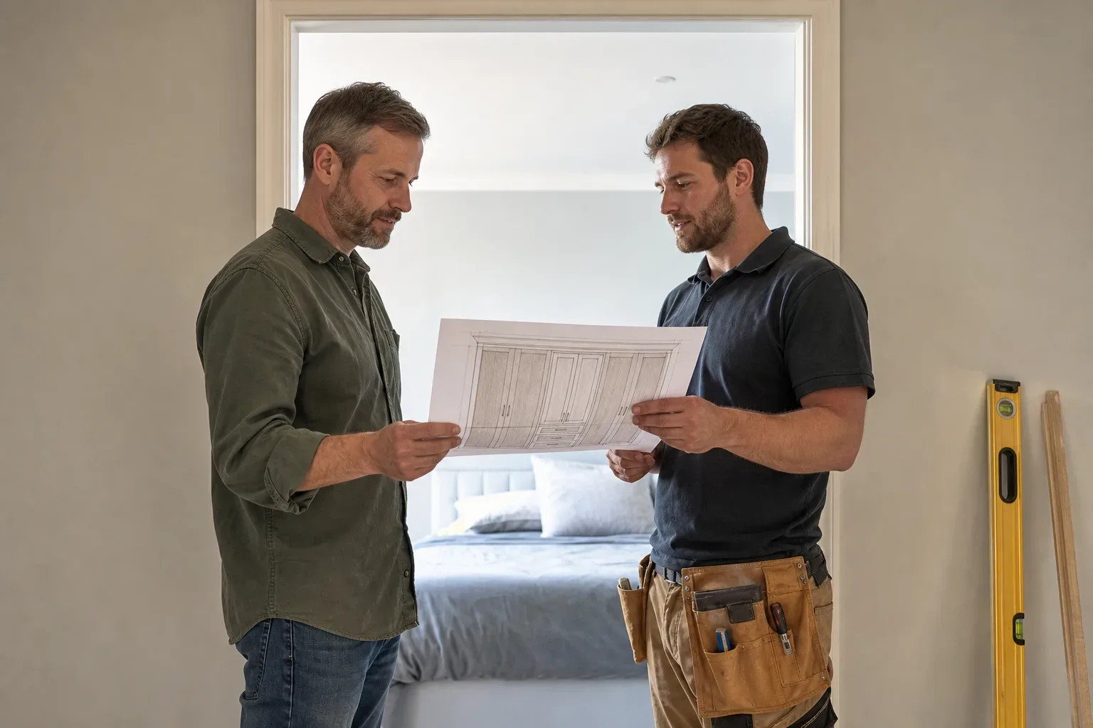 Two people stand in a doorway reviewing a technical drawing of a fitted wardrobe unit, with a spirit level and timber offcut leaning against the wall beside them