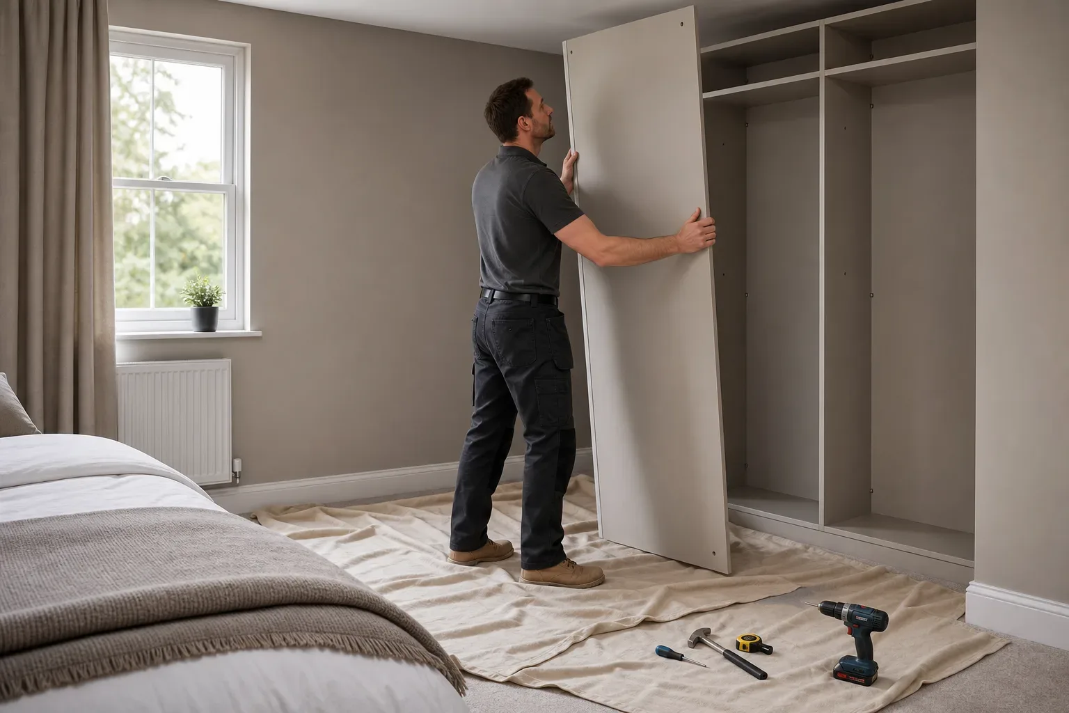 A person installs a large white panel into a wardrobe carcass in a tidy bedroom, with a cordless drill, hammer, tape measure and screwdriver resting on a dustsheet on the floor