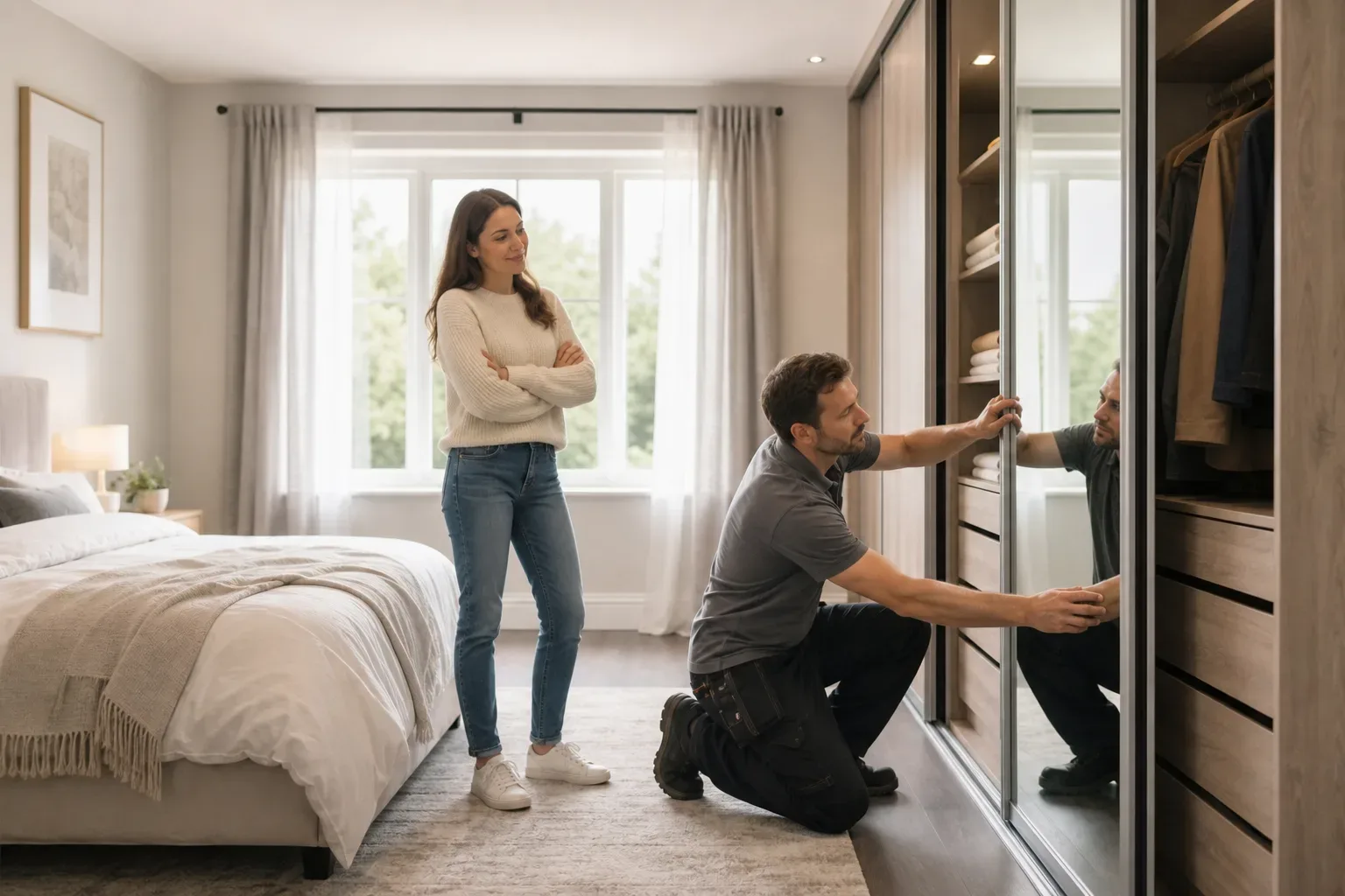 A carpenter adjusting the alignment of a sliding mirror door on a completed wardrobe carcass while a homeowner observes from the centre of a well-lit bedroom with a window behind