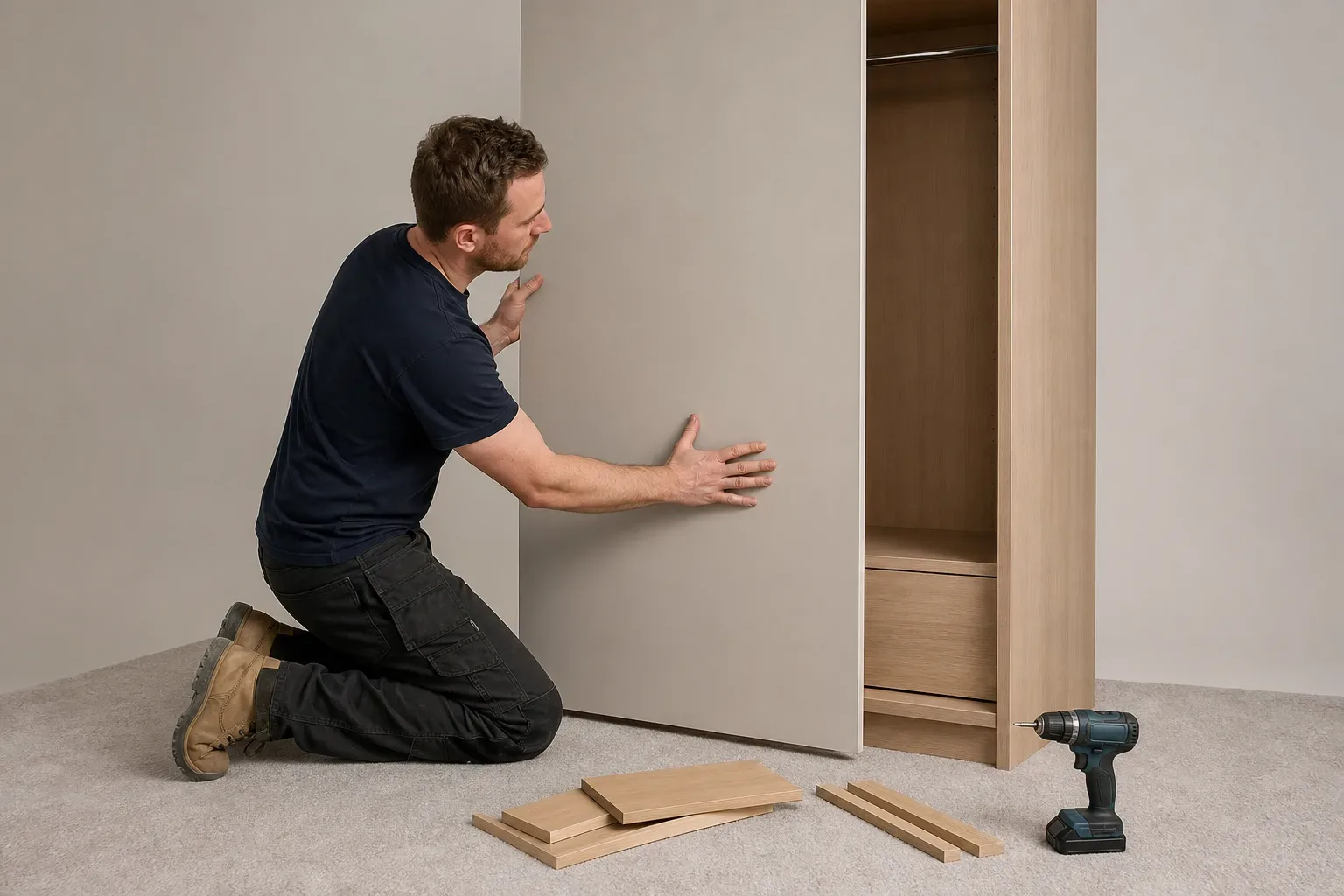 A person kneels on carpet to press a large panel into place against a tall wooden wardrobe unit, with timber offcuts and a cordless drill resting nearby