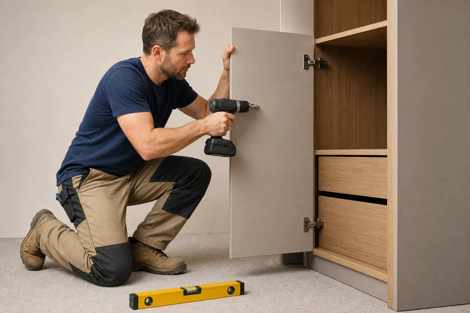 A person kneels on a carpeted floor using a cordless drill to fit a door onto a tall cabinet unit, with a spirit level resting on the floor nearby