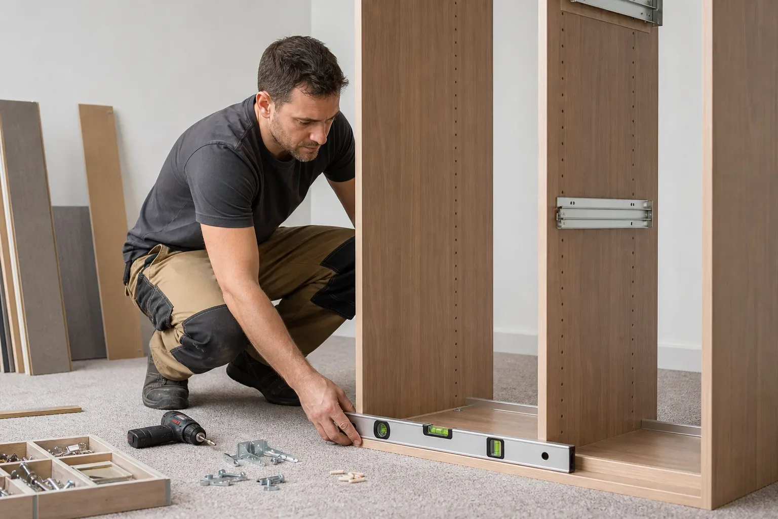 A person crouches on a carpeted floor using a spirit level at the base of a tall wooden cabinet unit, with a cordless drill and hardware scattered nearby