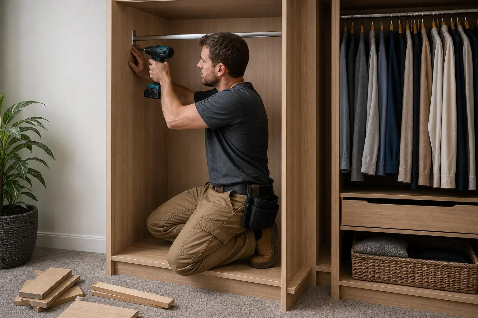 A person kneels inside an open wardrobe carcass using a cordless drill to fit a hanging rail, with timber offcuts on the carpet nearby
