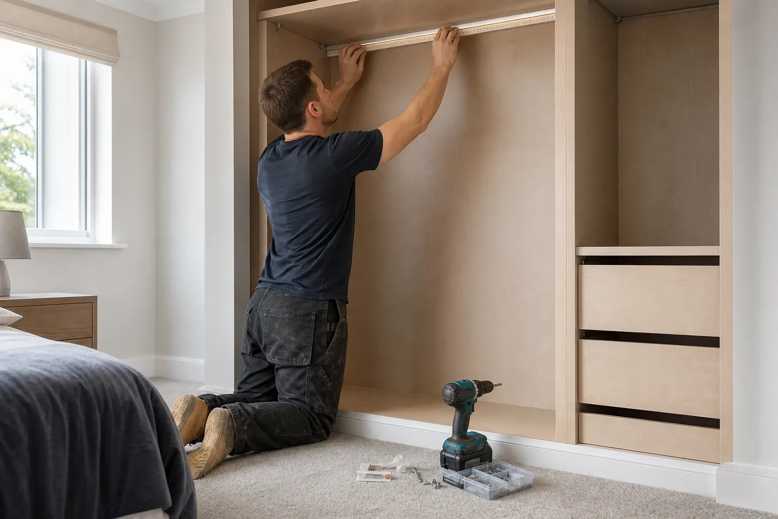 A carpenter running an LED strip channel along the top of a wardrobe carcass interior while a cordless drill and installation hardware lie on the carpet below in a bright bedroom