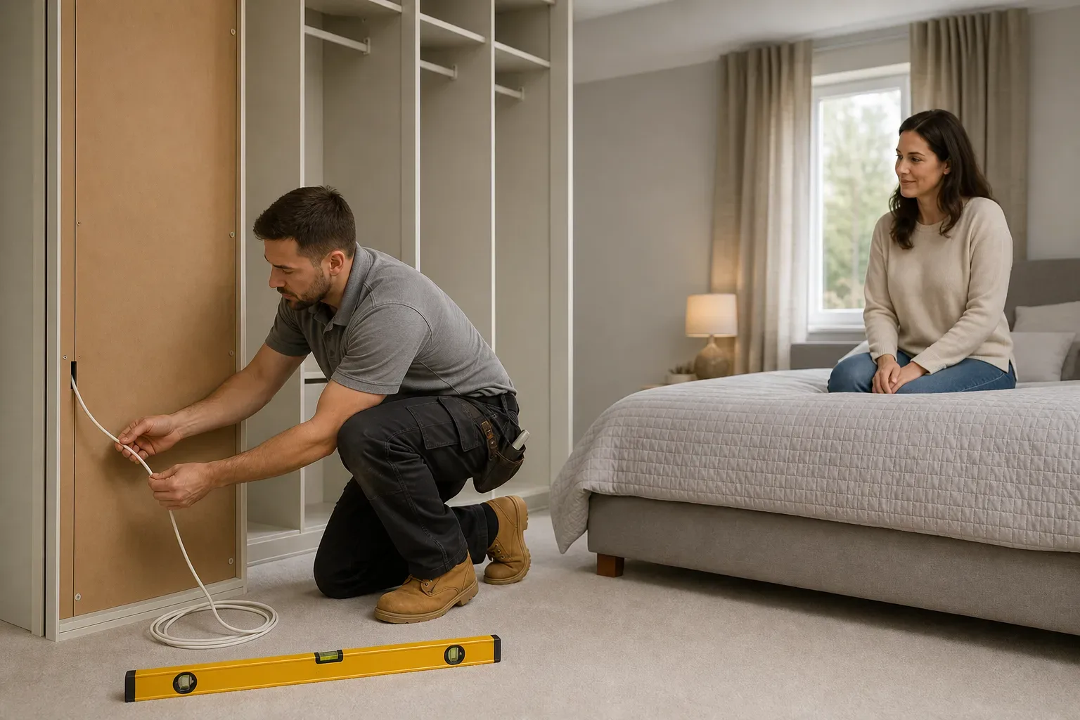 A tradesperson feeding a low-voltage LED transformer cable through the back panel of a wardrobe carcass while a homeowner watches from across the tidy bedroom and a spirit level rests on the carpet
