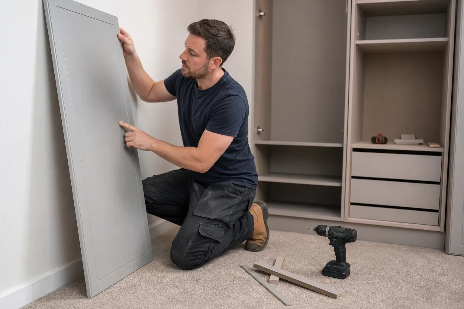 A person kneels on carpet fitting a tall grey panel against a wall beside a partly assembled fitted wardrobe unit, with a cordless drill and timber offcuts on the floor nearby