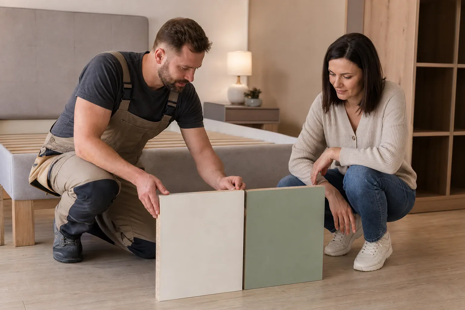 A worker in overalls and a homeowner crouch on a bedroom floor comparing two coloured panels beside an assembled bed frame