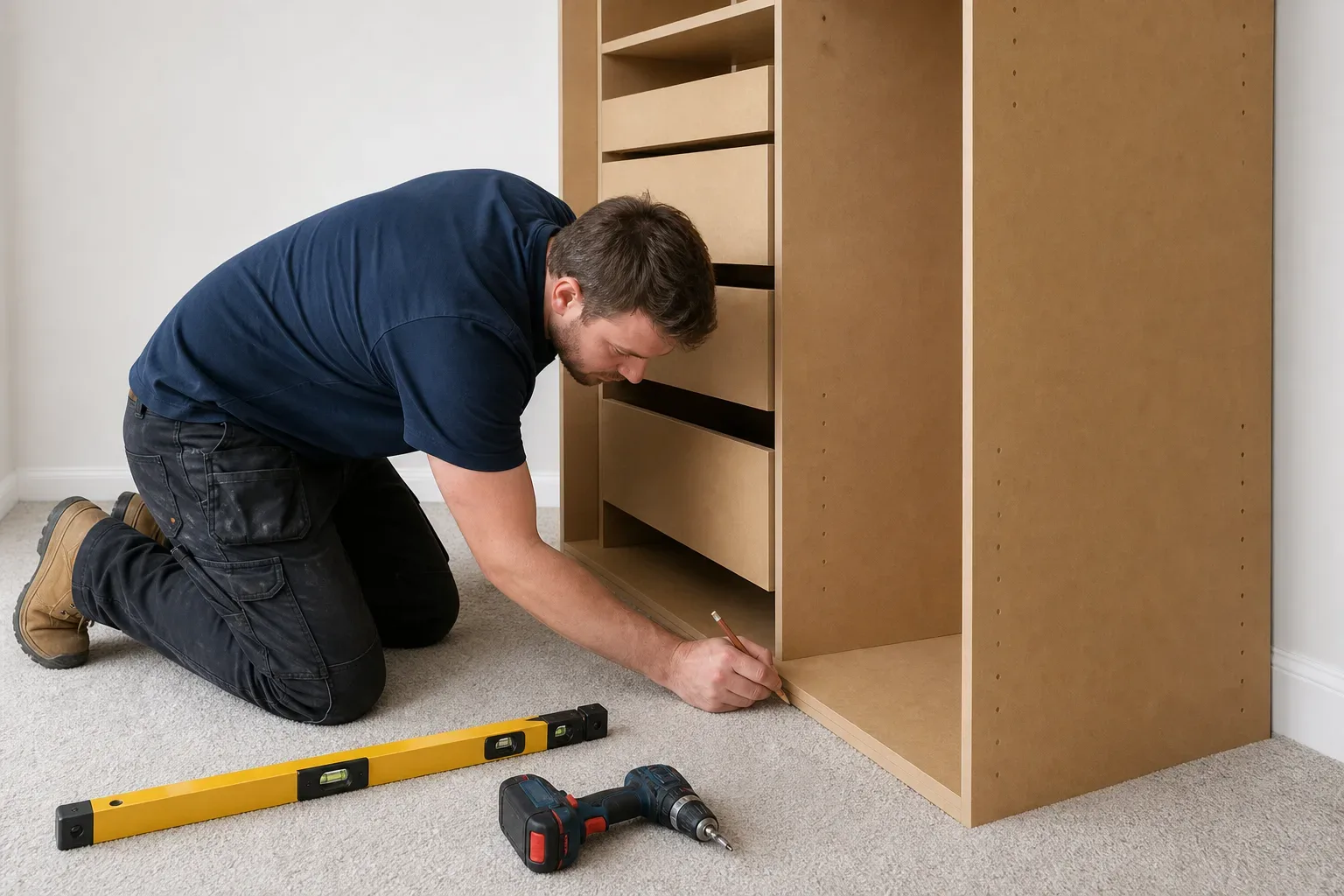 A carpenter scribing the base of a moisture-resistant MDF wardrobe carcass to an uneven bedroom floor while a spirit level and cordless drill rest on the carpet beside the unit
