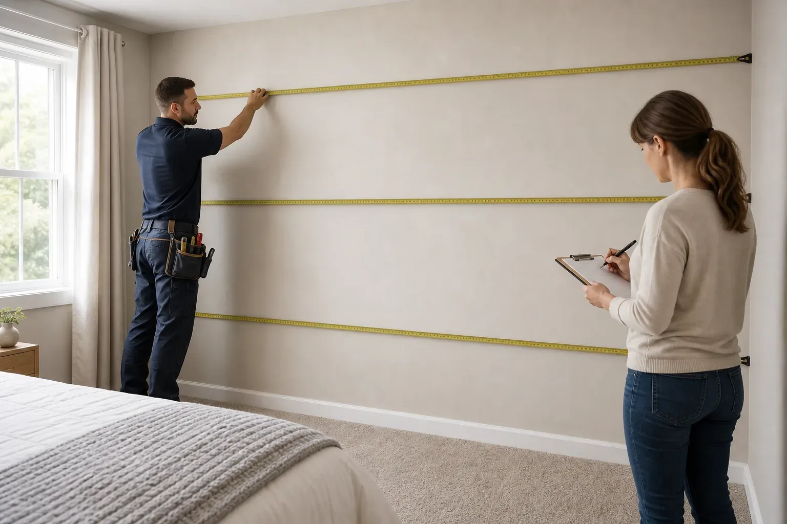 A worker holds a tape measure against a bedroom wall while another person takes notes on a clipboard