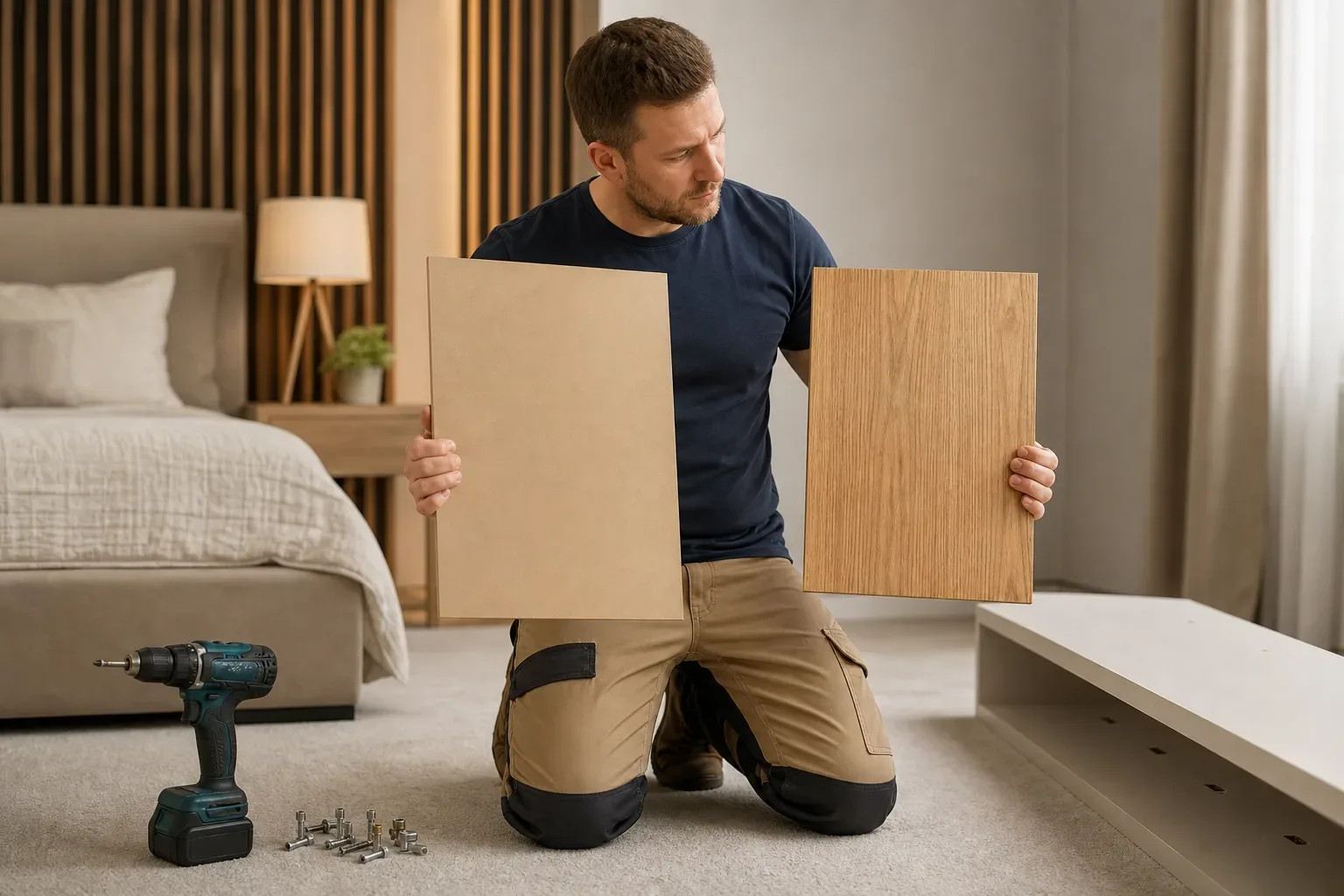 A person kneeling on carpet compares two wooden panels whilst a cordless drill and fixings rest nearby on the floor of a bedroom