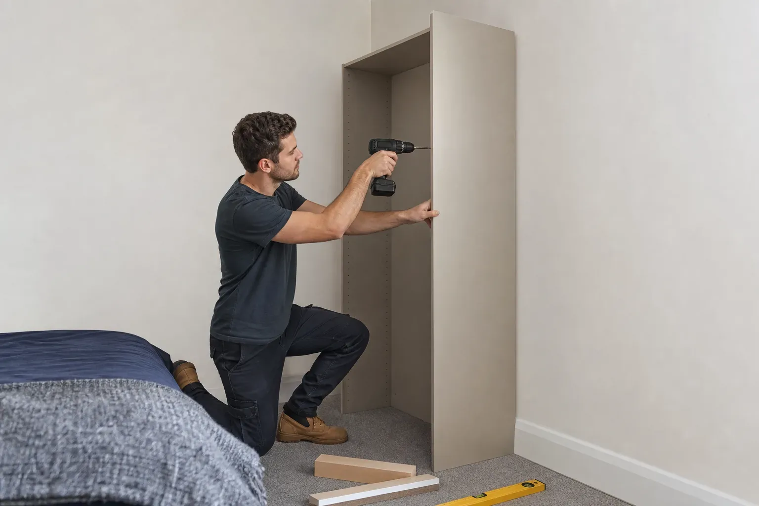 A person kneels on a carpeted bedroom floor using a cordless drill to assemble a tall open wardrobe carcass, with a spirit level and timber offcuts nearby