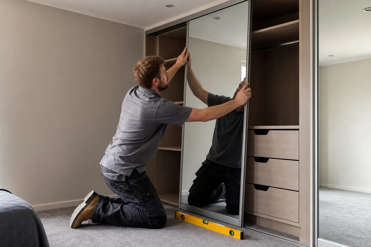 A carpenter pressing a sliding mirror door panel into its top-hung track on a floor-to-ceiling wardrobe while checking the bottom gap with a spirit level resting on the fitted carpet