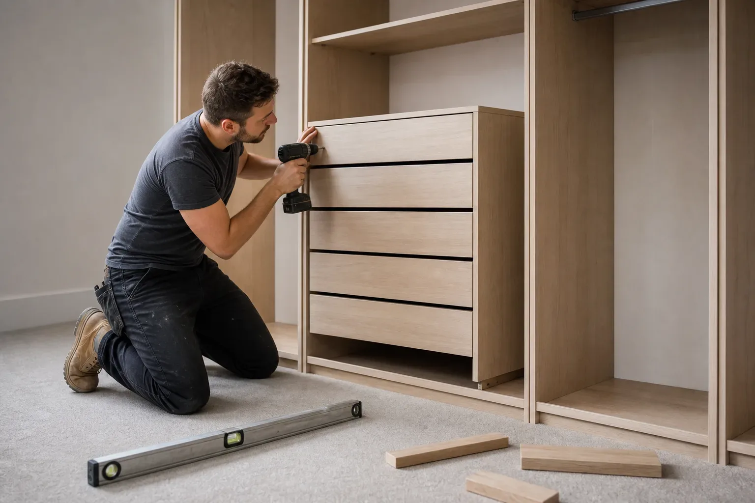 A person kneels on a carpeted floor using a cordless drill to fit a drawer unit into a built-in wardrobe carcass, with a spirit level and timber offcuts nearby