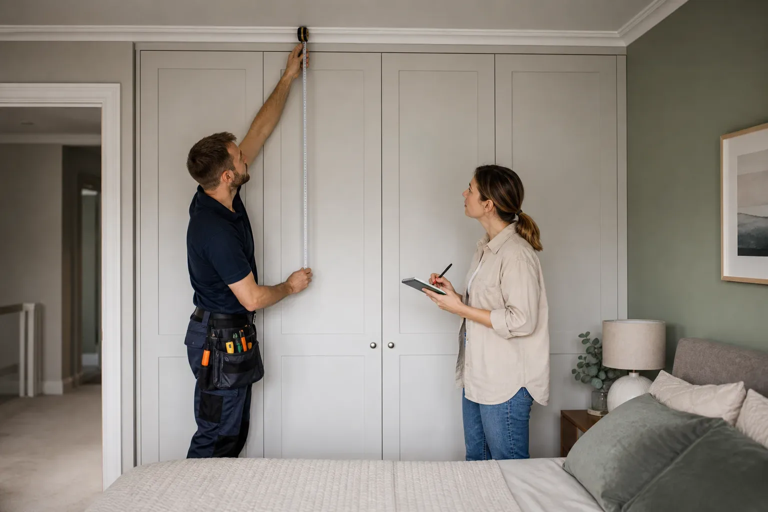 A tradesperson measures the height of a fitted wardrobe whilst a second person holds a notepad and pen in a tidy bedroom