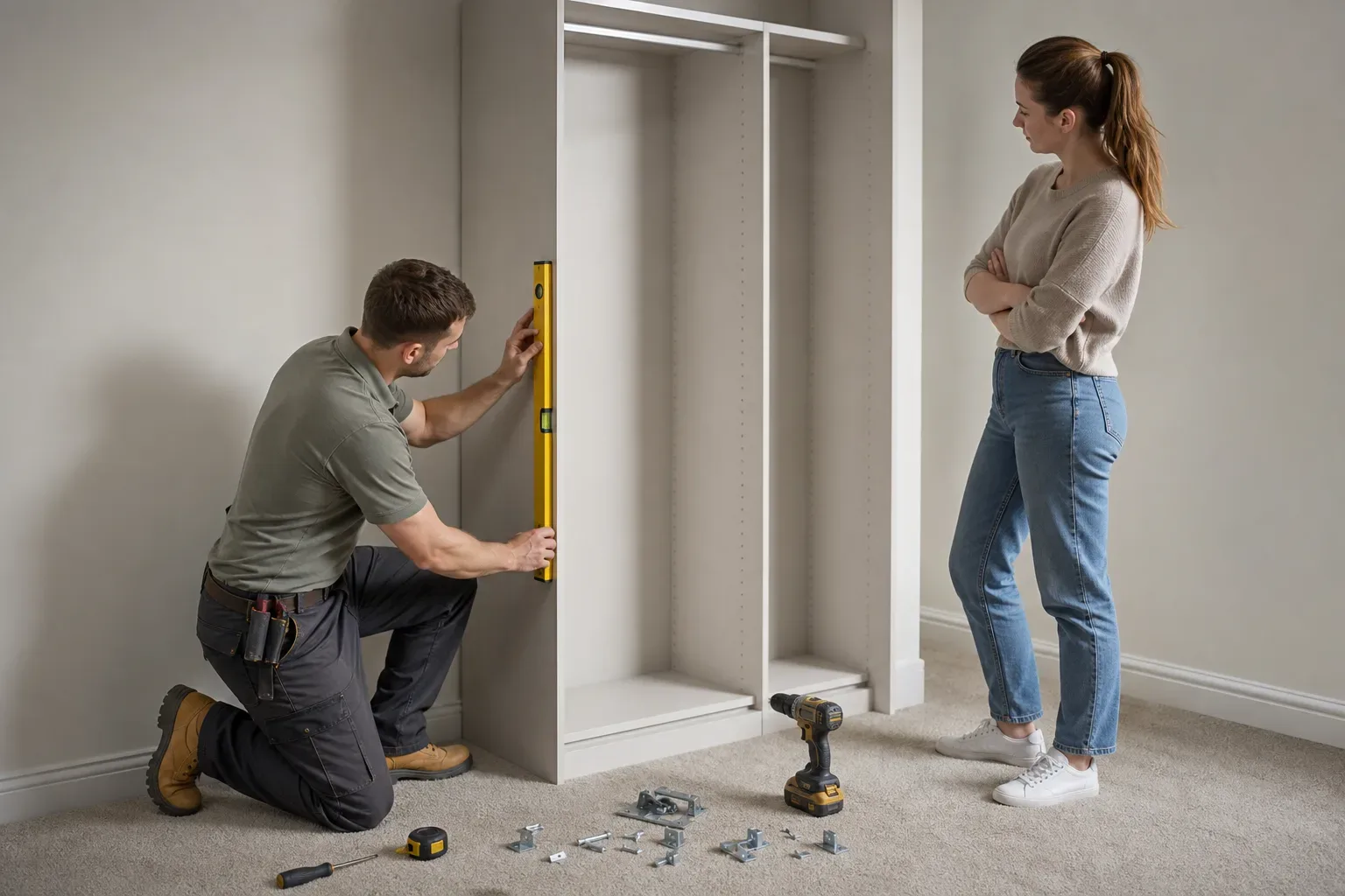 A carpenter checking the plumb of a wardrobe carcass side panel with a spirit level before fixing it to the wall while installation hardware lies on the carpet and the homeowner observes