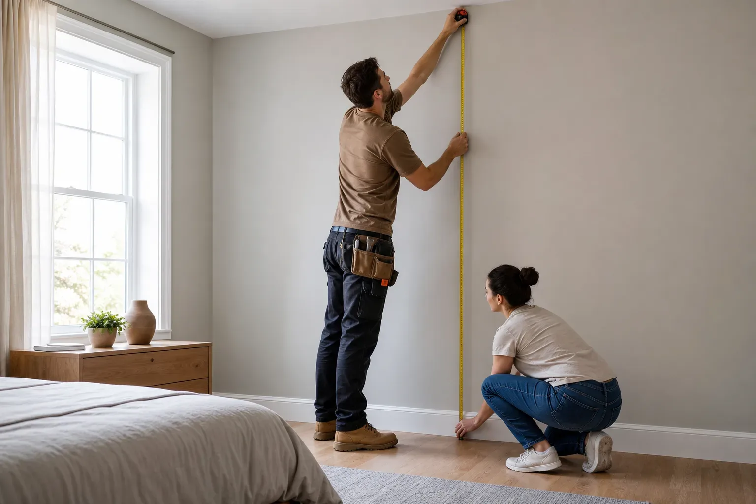Two people measure the height of a bedroom wall using a tape measure, one standing and one crouching at the base