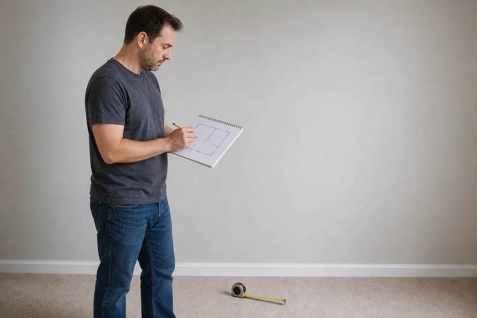 A person stands in an empty carpeted room, sketching a floor plan in a spiral notebook with a tape measure on the floor nearby