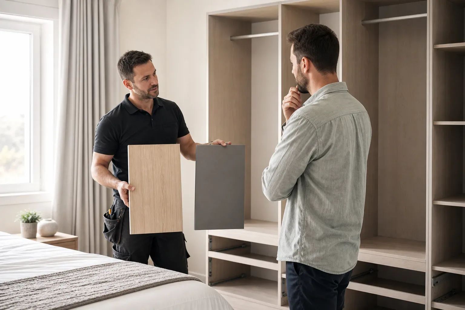 A tradesperson shows two material samples to another person in a bedroom beside an open fitted wardrobe unit under construction