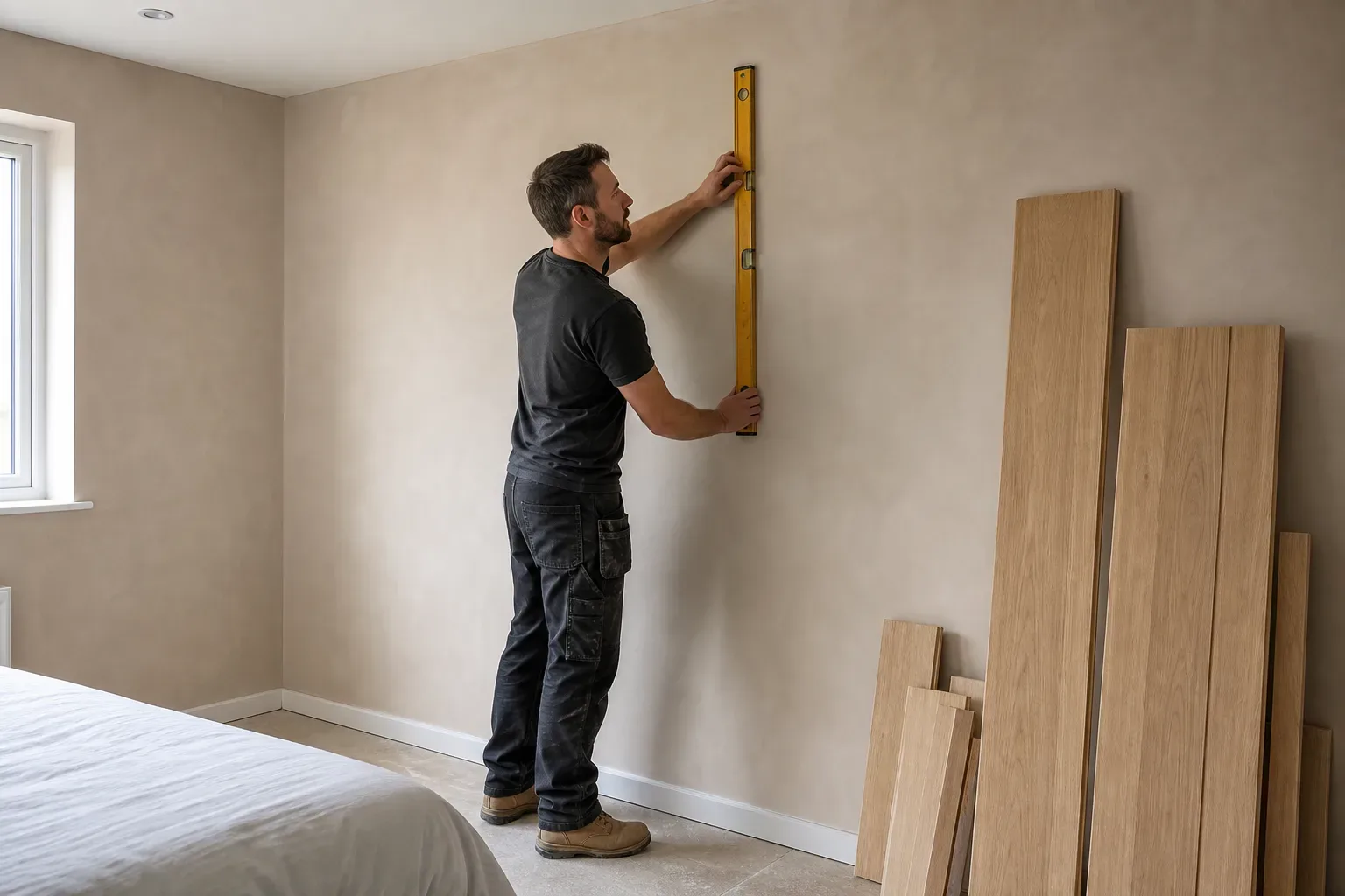 A tradesperson holds a spirit level vertically against a plain wall in a bedroom, with timber boards leaning nearby