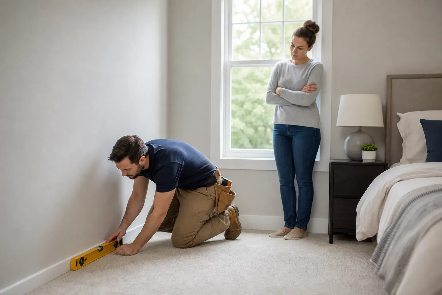 A tradesperson kneels on a carpeted bedroom floor using a spirit level against the skirting board while a homeowner stands nearby with arms folded watching