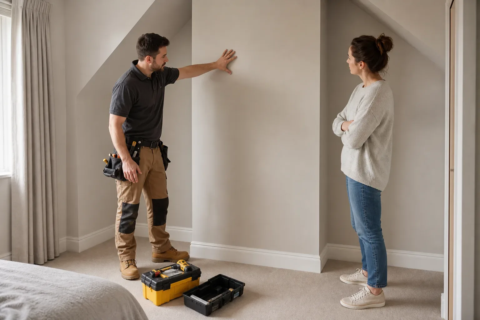 A tradesperson touches a wall in a bedroom alcove whilst a homeowner stands nearby with arms folded, with an open toolbox on the carpet