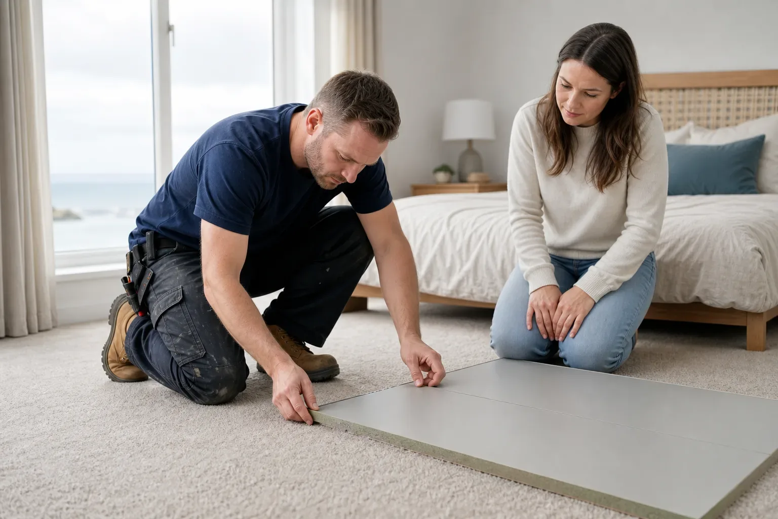 A tradesperson examining the sealed edges of a moisture-resistant MDF wardrobe panel laid flat on the bedroom carpet while a homeowner looks on and natural daylight enters from a coastal-aspect window
